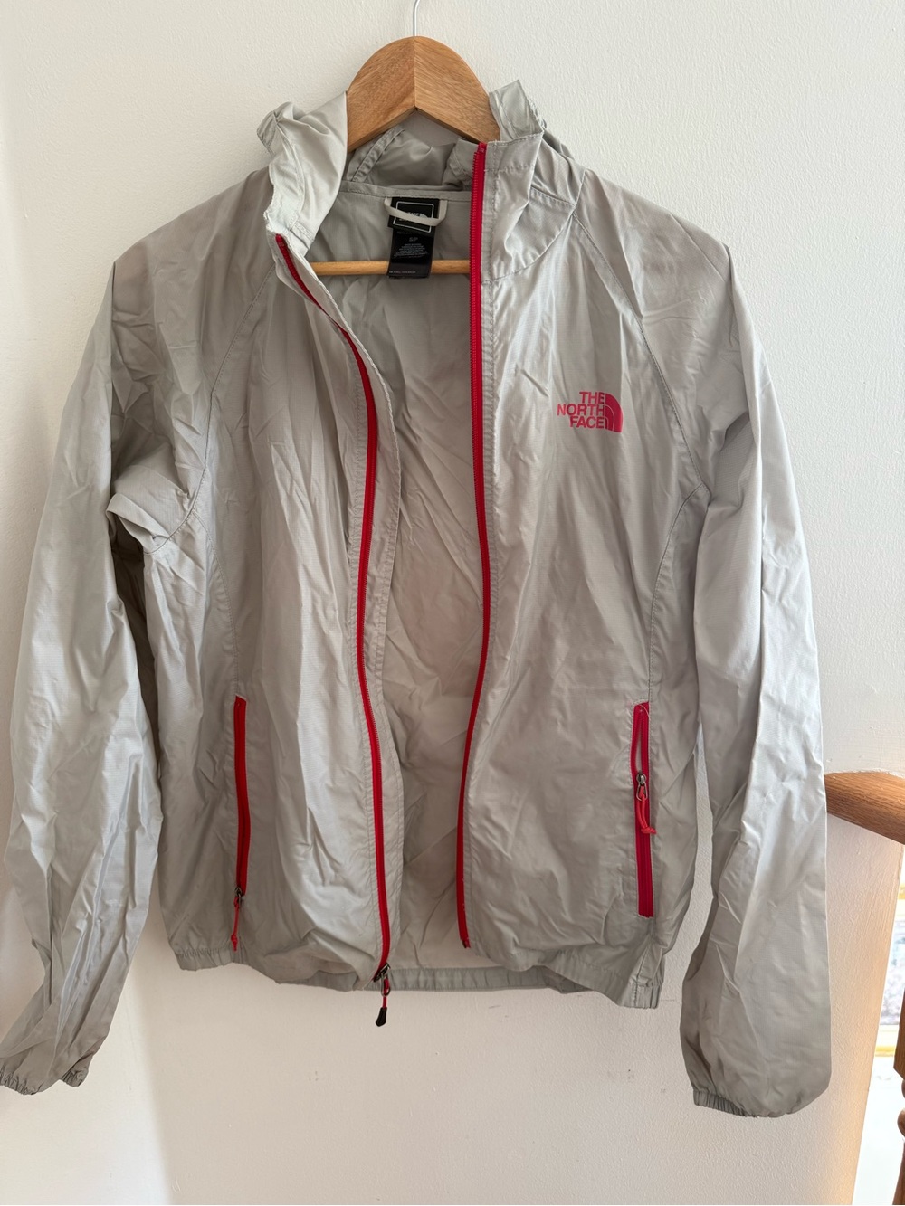 North Face Light Gray Windbreaker Jacket with Red Trim